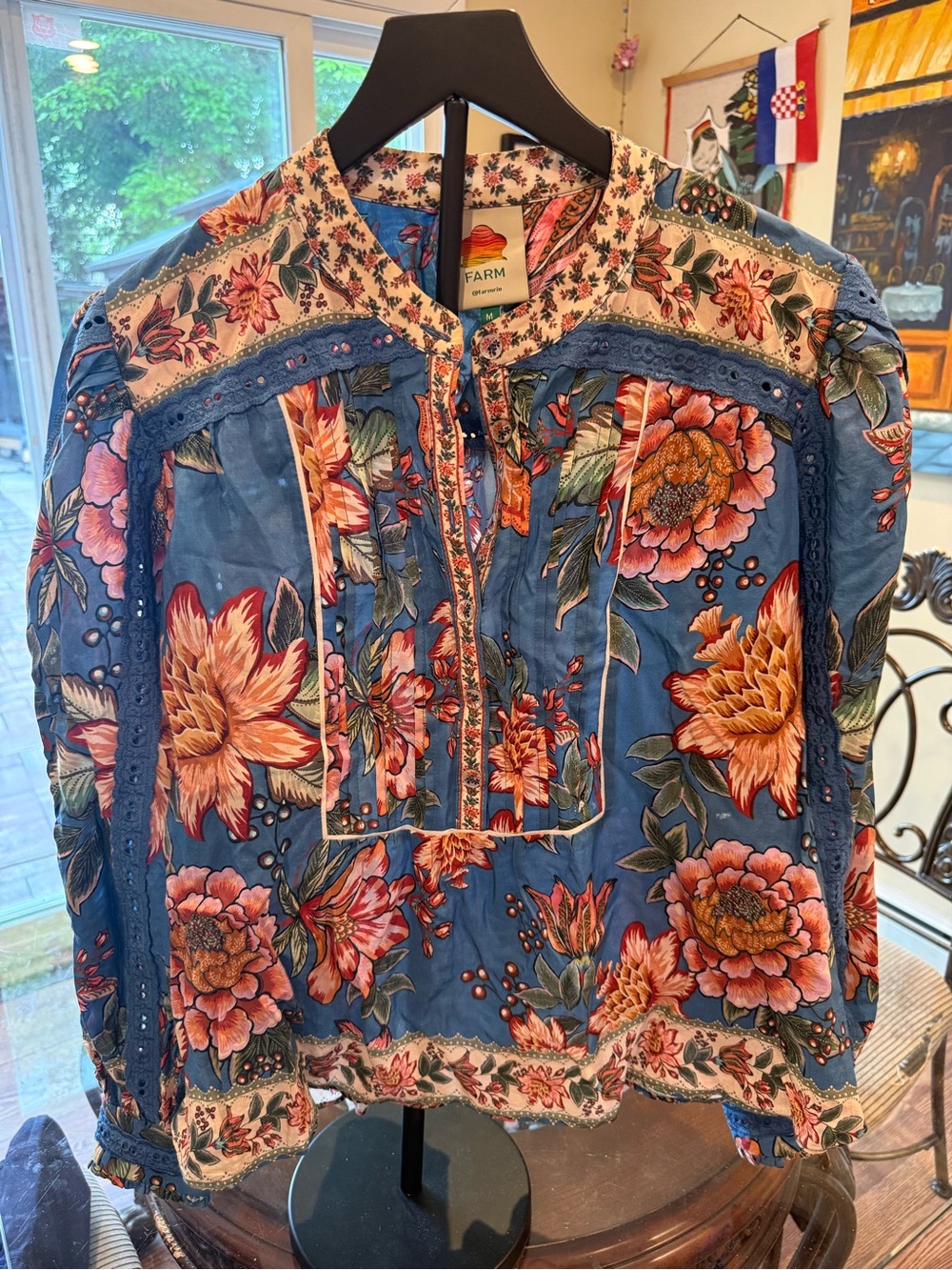Farm Rio Blue Floral Peasant Blouse with button detail.